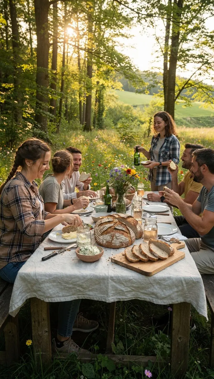 Kynutý chléb na stole s kousky čerstvě upečené kůrky a kroužky z olivového oleje.