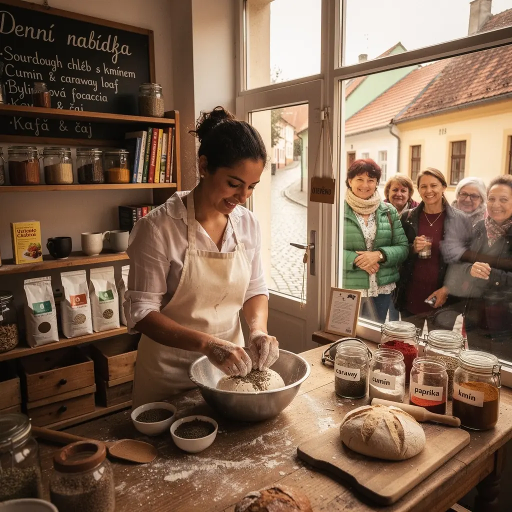 Miska s kváskovým základem, která je obklopena ingrediencemi jako mouka a voda.
