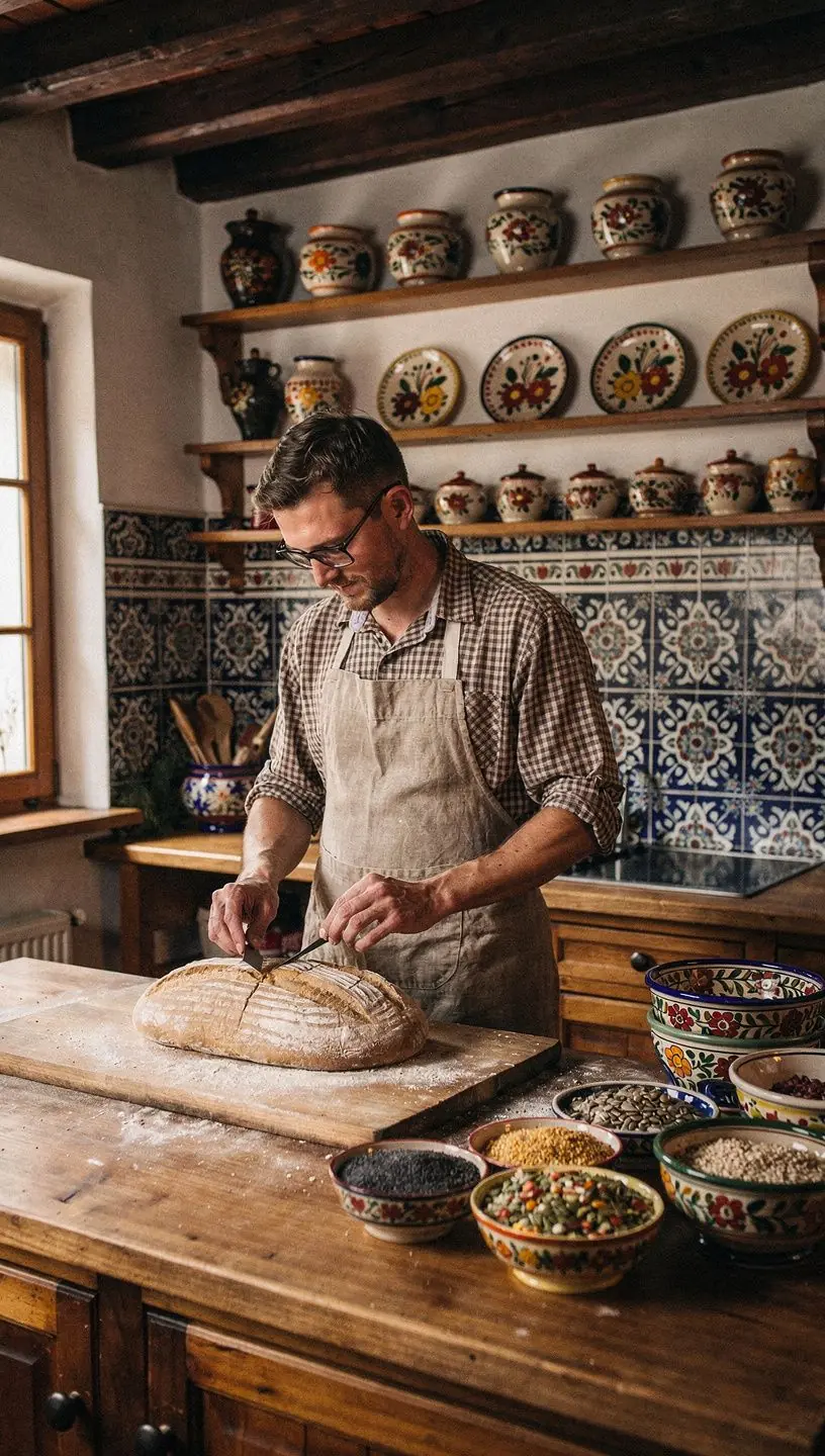 Detailní záběr na ruce, které hnětou těsto na kváskový chléb na pracovní desce.