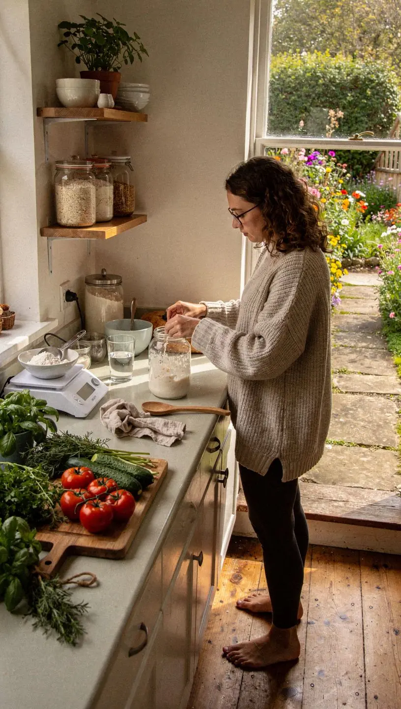 Pohled na různé druhy upečeného kváskového chleba, které leží na dřevěném prkénku.