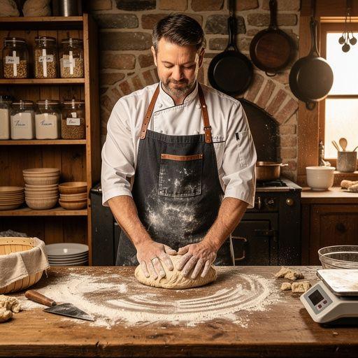 Krok za krokem fotografie procesu míchání a hnětení kváskového těsta v misce.